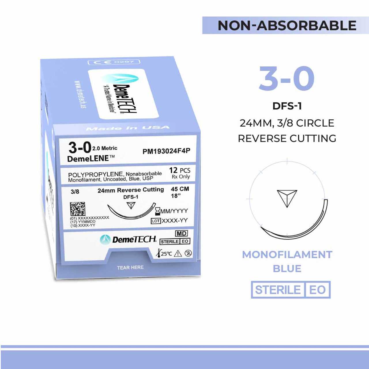 Polypropylene, 3-0, 18", DFS-1 Non-Absorbable Suture, Reverse Cutting, Blue 12/Box