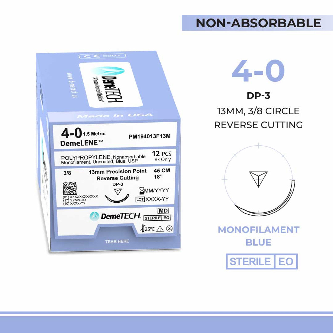 Polypropylene, 4-0, 18", DP-3 Non-Absorbable Suture, Reverse Cutting, Blue 12/Box