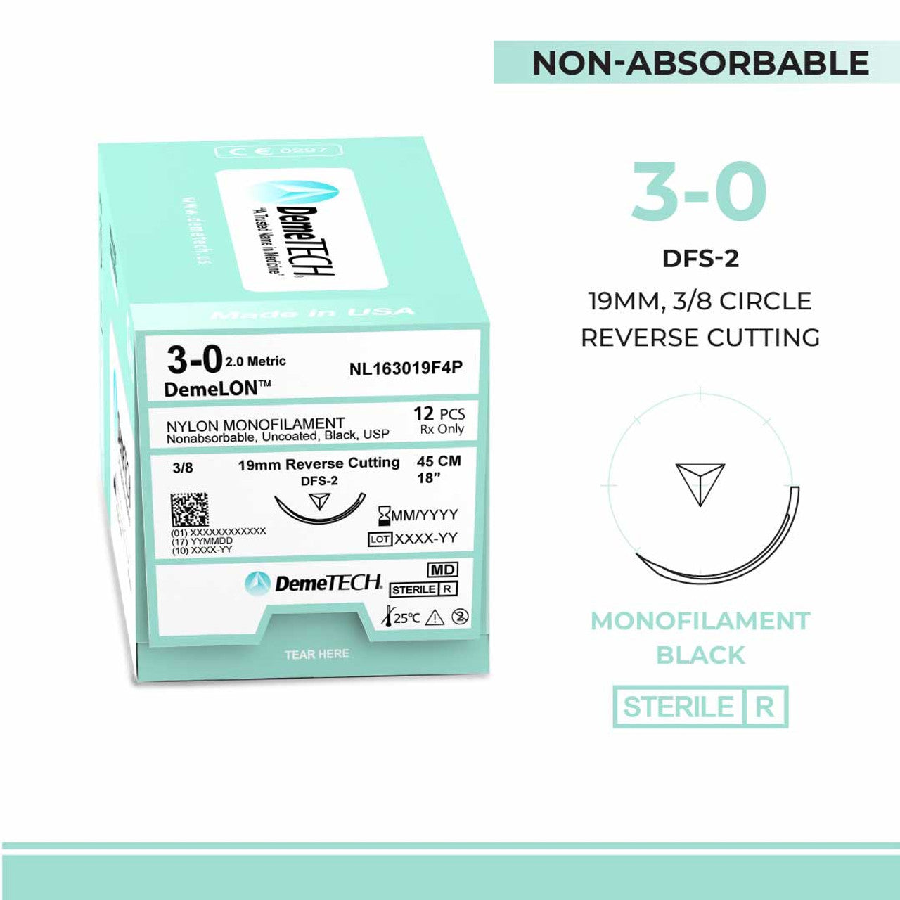 Nylon Monofilament, 3-0, 18", DFS-2 Non-Absorbable Suture, Reverse Cutting, Black 12/Box